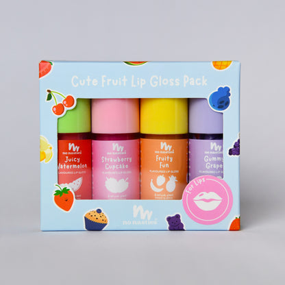 A boxed lip gloss pack from no nasties featuring four colorful lip gloss tubes visible through a light blue window box. The flavors shown are Juicy Watermelon, Strawberries Cupcake, Fruity Fun, and Gummy Grape.