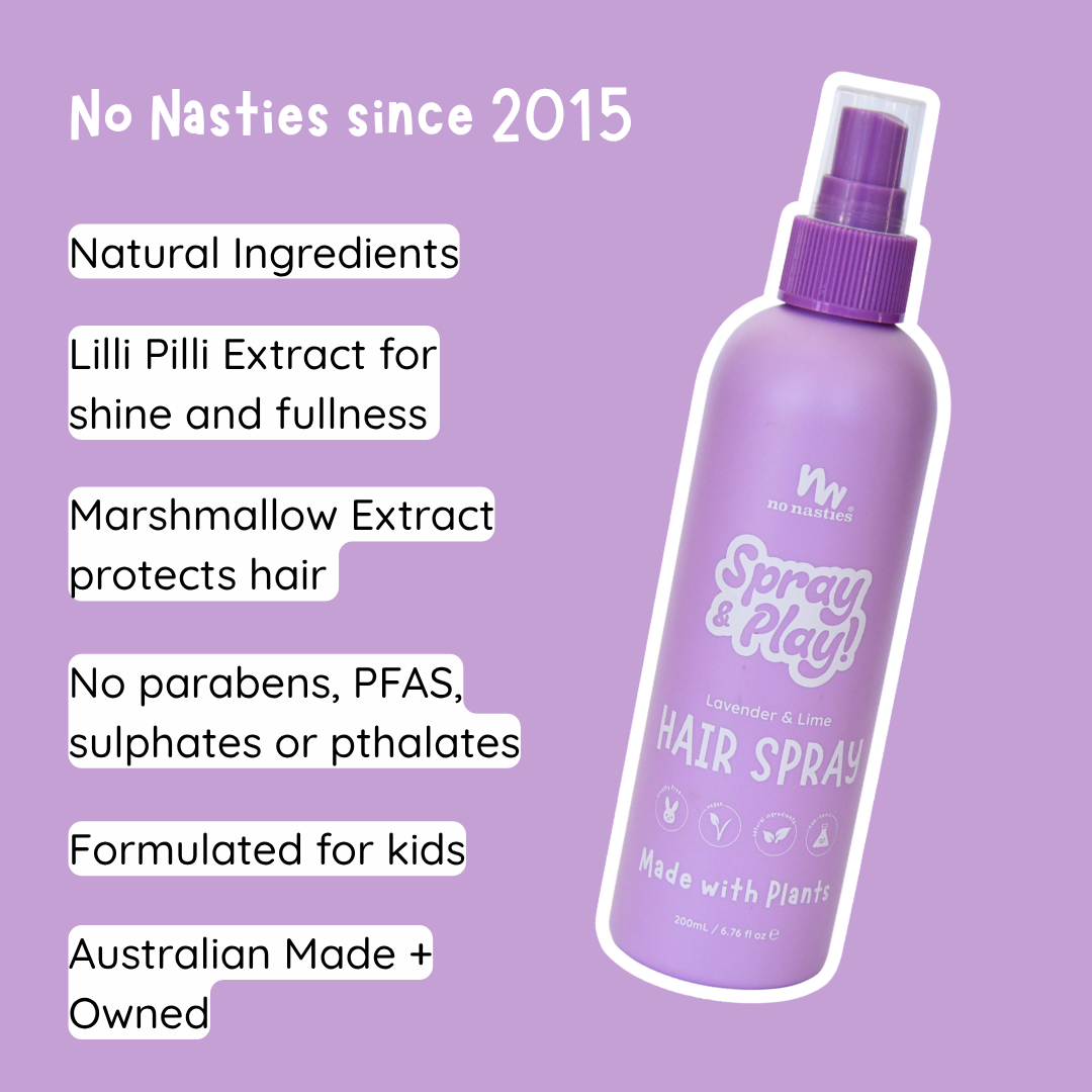 Natural alcohol-free kids hair spray bottle on light background