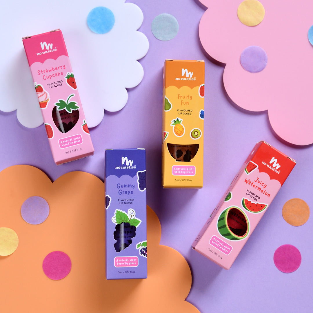 Natural Kids Lip Gloss Set - Strawberry, Watermelon, Fruity Fun, Grape