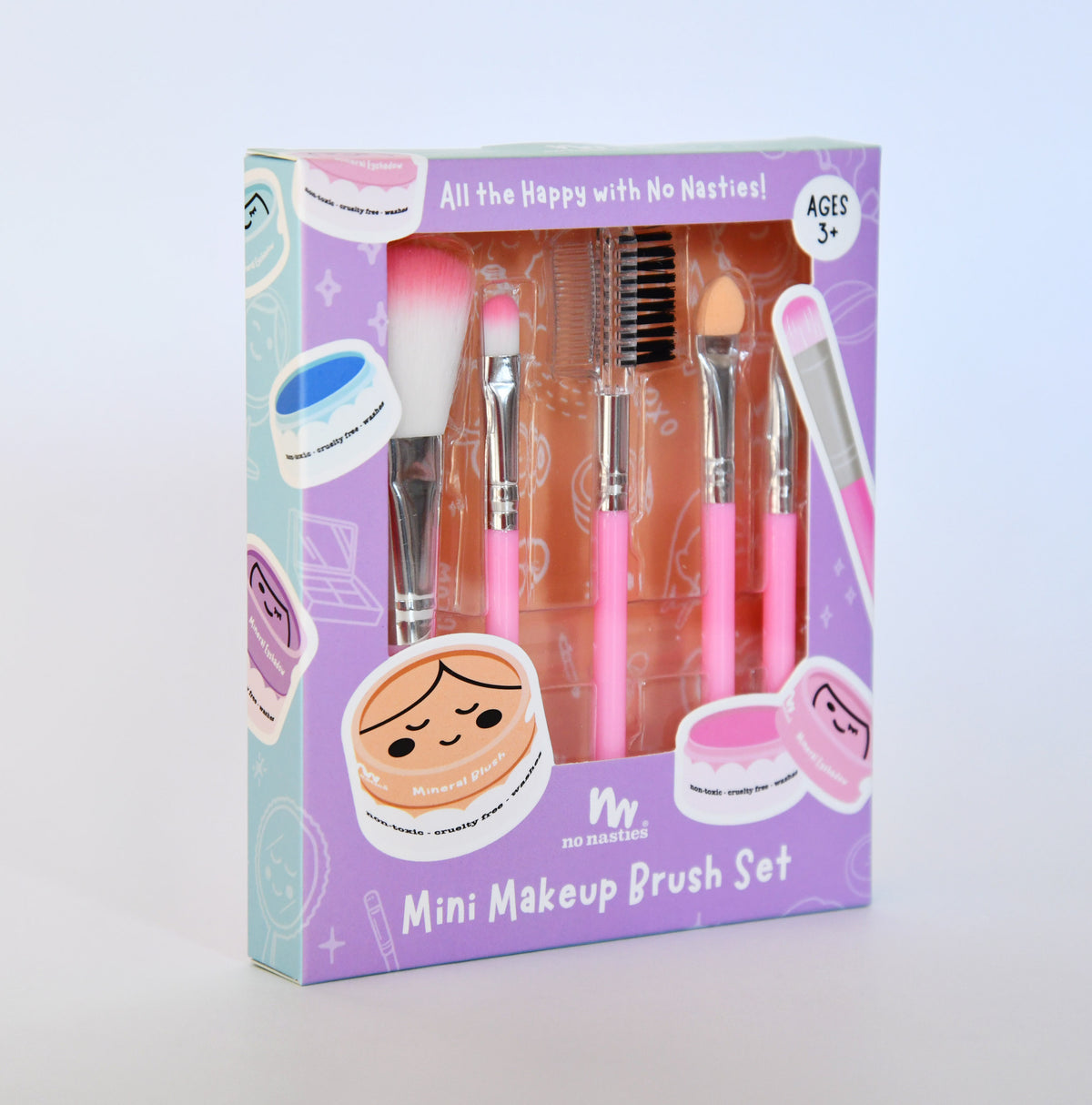 Mini makeup brush set packaging with brushes and a face design on a purple background
