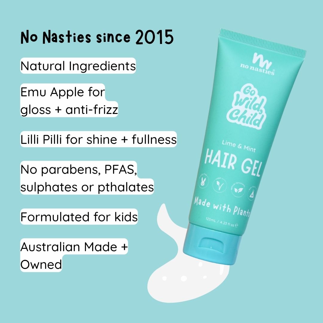 Hair gel tube with product features on a light blue background