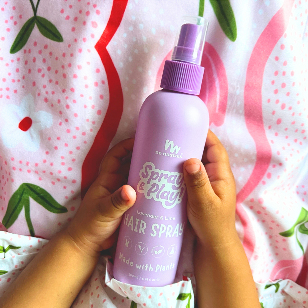 No Nasties Kids hair spray bottle showing product label
