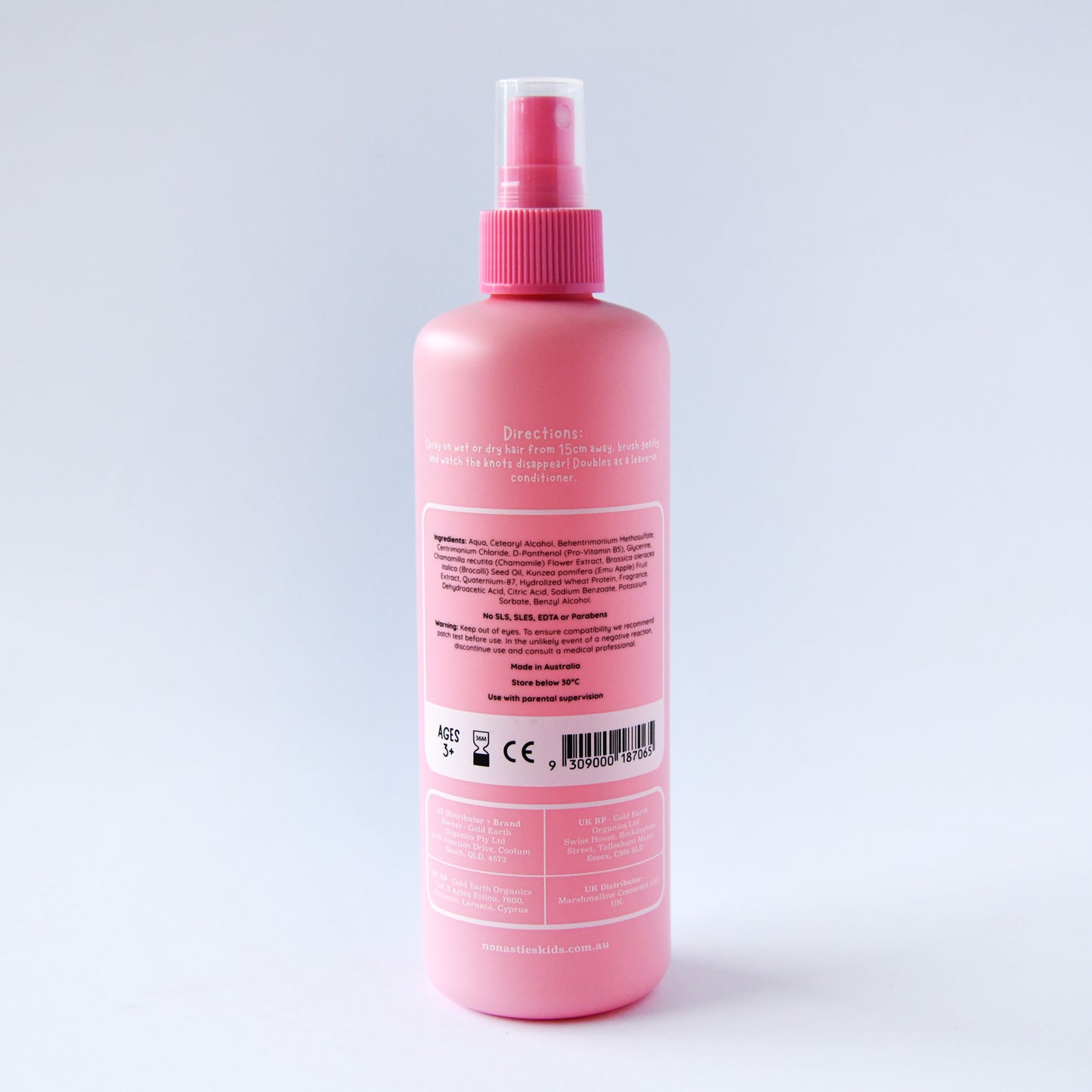 No Nasties Kids strawberry hair detangler spray bottle close-up