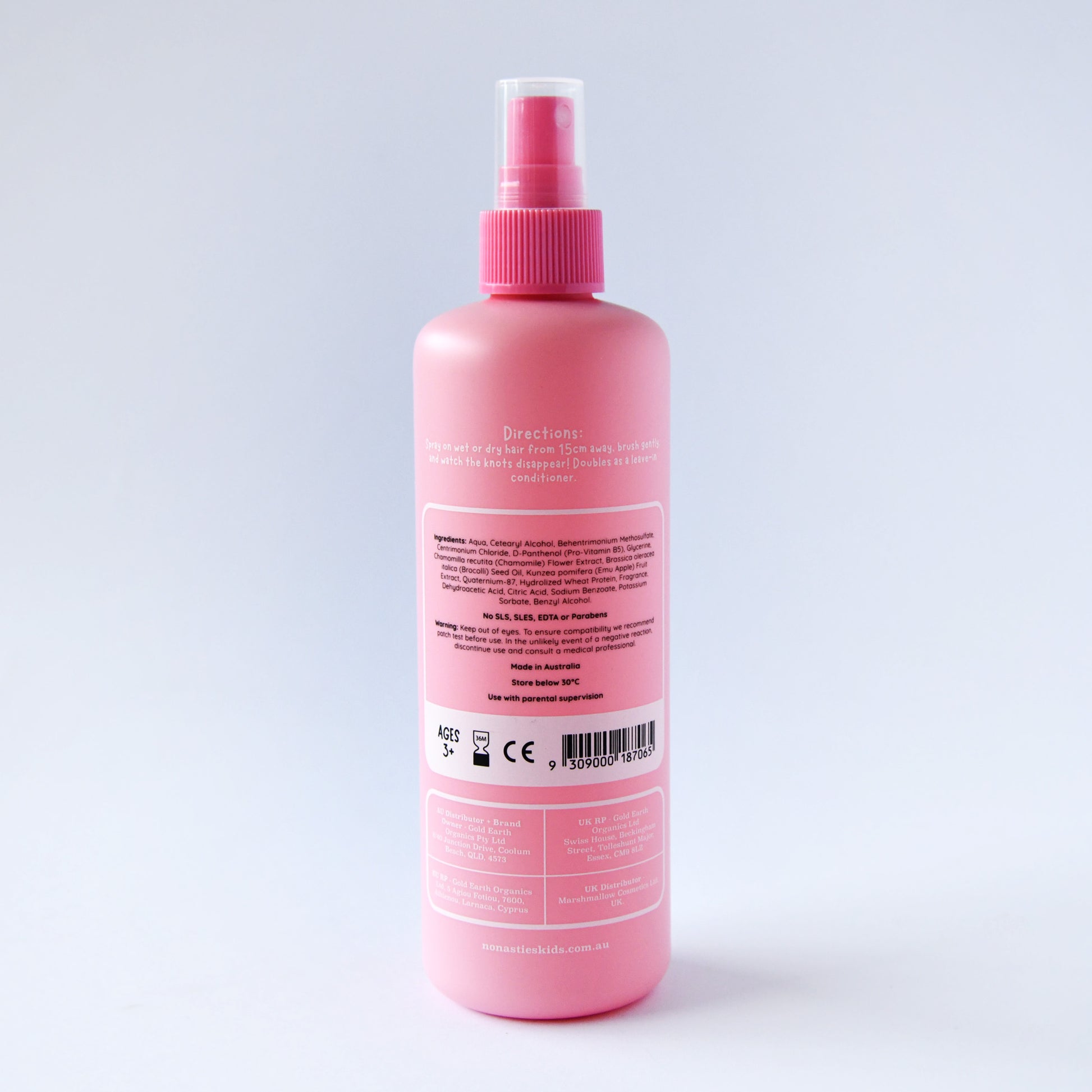 No Nasties Kids strawberry hair detangler spray bottle close-up