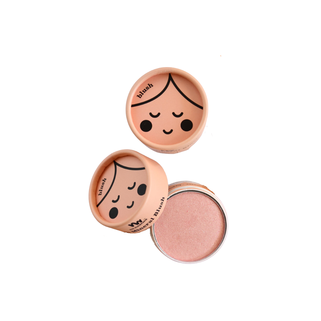 Pressed blush with No Nasties Kids face design on a white background