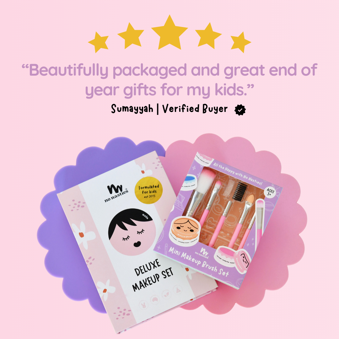 Two makeup sets for children on a pink background with a five-star rating and customer review.