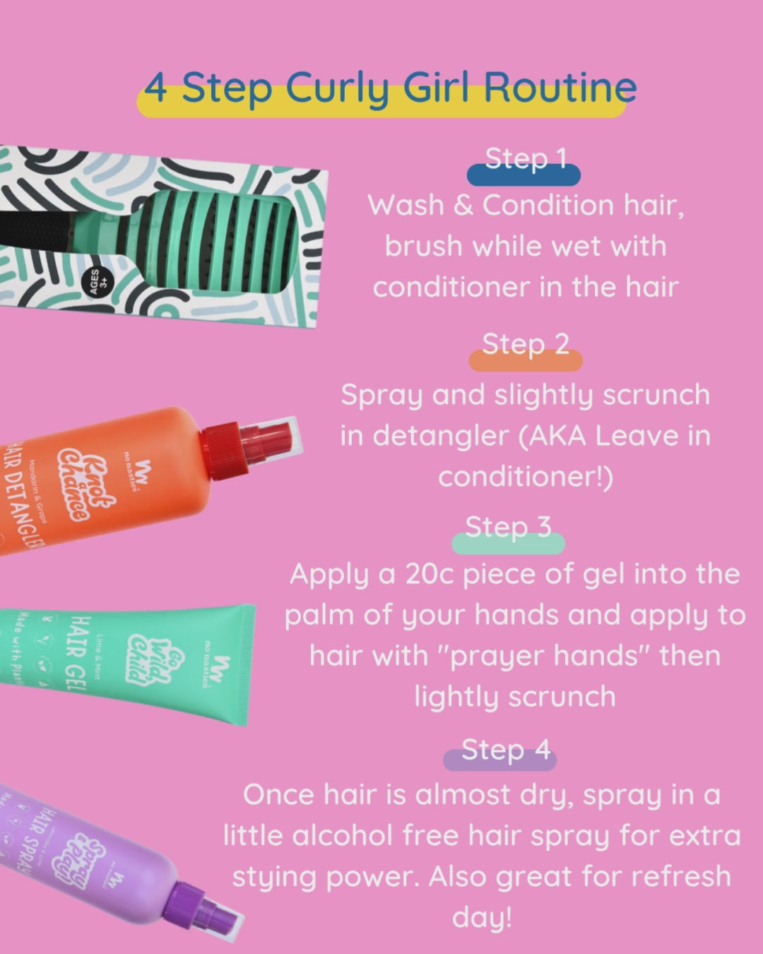step by step instructions on pink background for curly girl method