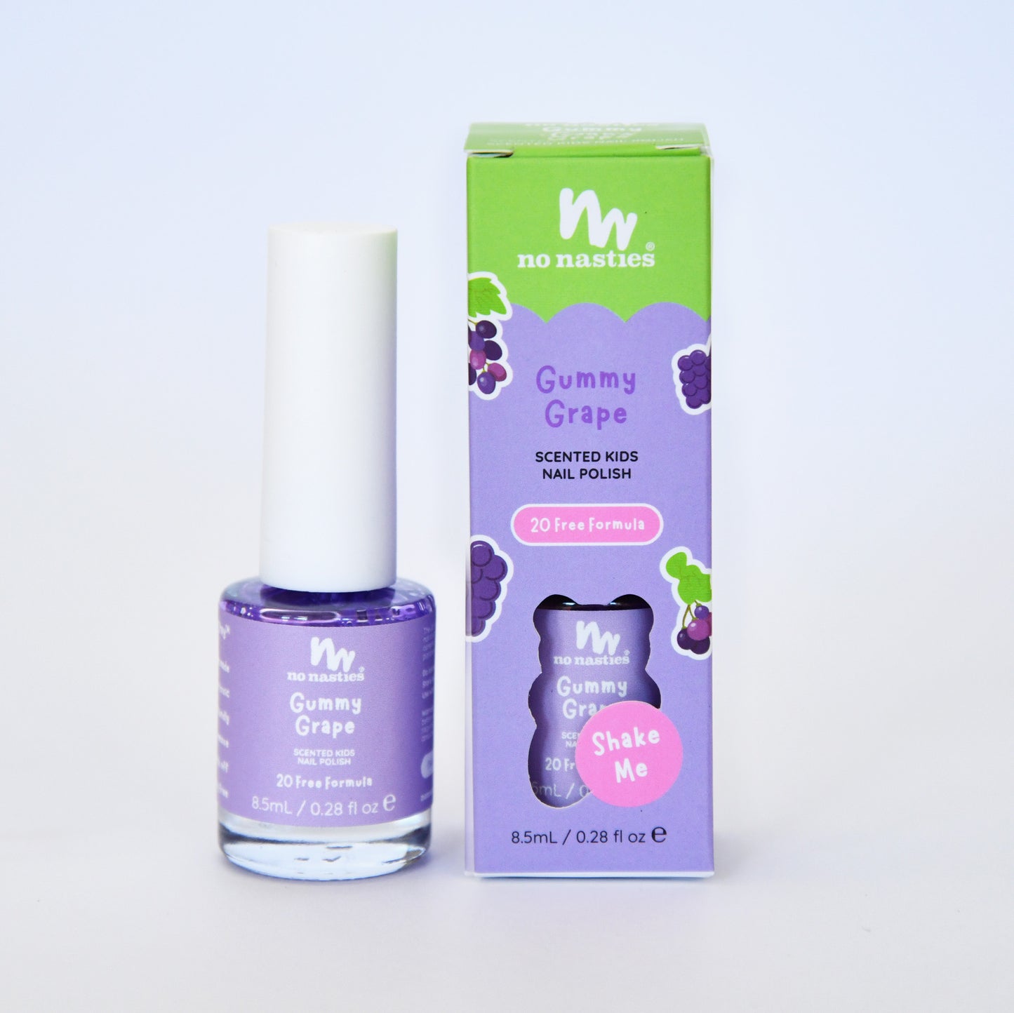 Purple nail polish bottle with 'no nasties' branding and a matching box on a light purple background