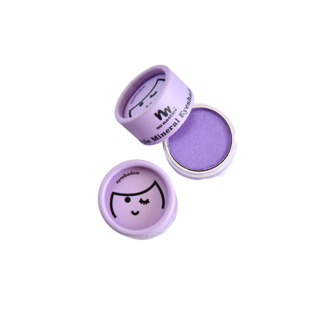 Purple eyeshadow compact with a smiley face design on a white background