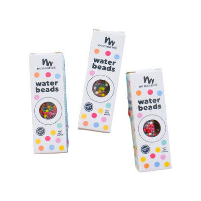 Three boxes of 'no nasties' water beads on a white background