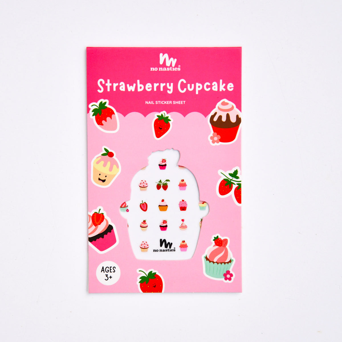 Pink packaging of 'Strawberry Cupcake' nail sticker sheet with cartoon illustrations on a white background