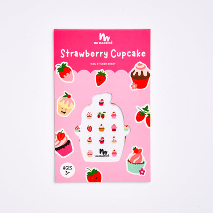 Pink packaging of 'Strawberry Cupcake' nail sticker sheet with cartoon illustrations on a white background