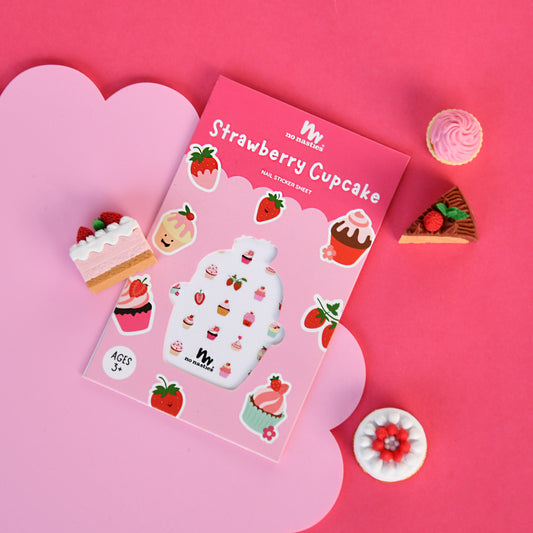 Sticker sheet with strawberry cupcake design on a pink background