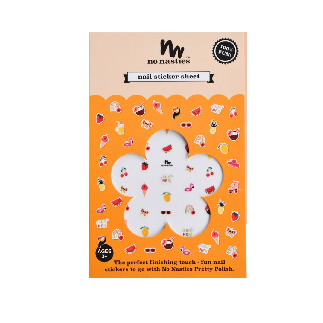 Nail sticker sheet packaging with 'no nasties' branding on a beige background