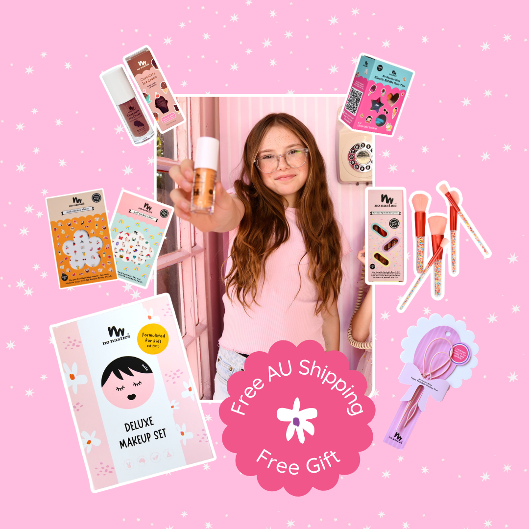 Collage of a girl with makeup products on a pink background