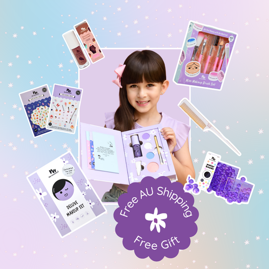 gift set for girls in purple with makeup kit nai stickers, water beads, makeup brush set, lip glosss and little girl holding a nancy makeup box on pastel purple and blue background