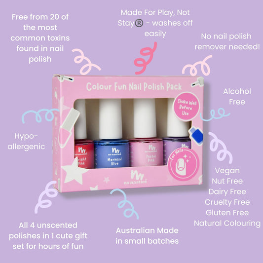 4 Pack Water-Based Kids Nail Polish in Blue, Purple, Pastel Pink and Bright Pink