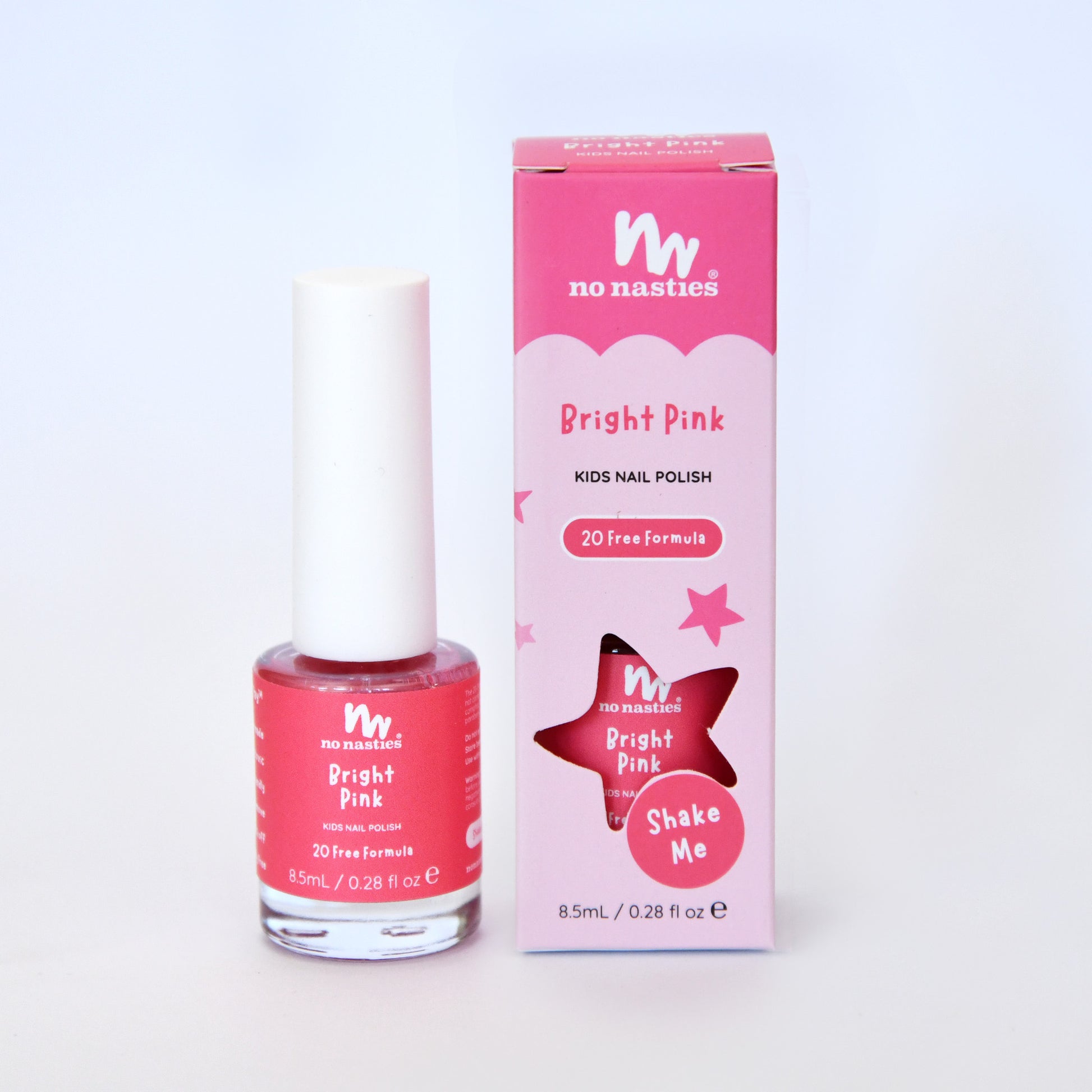 No Nasties Bright Pink kids nail polish with bottle and packaging on a white background